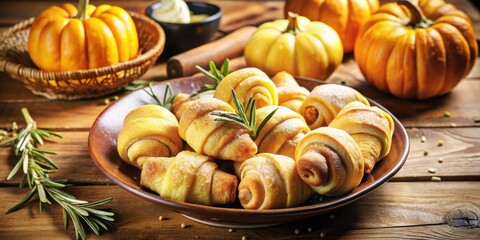 Poster - A plate of sweet crescent rolls with powdered sugar,  decorated with fresh rosemary sprigs and pumpkins in the background.