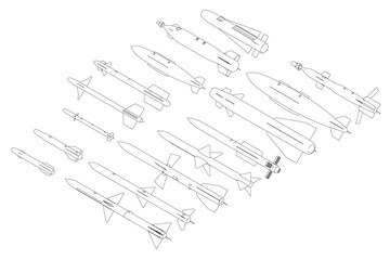 Fototapete - A drawing of many different types of missiles. The drawing is black and white. The idea of the drawing is to show the variety of missiles that exist. Isometric view. 3D