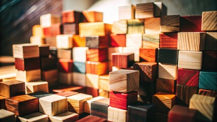 Aufkleber - A vibrant collection of wooden blocks stacked in a random yet visually appealing pattern, showcasing a range of natural wood tones and textures.