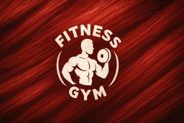 Poster - Fitness Gym Logo Design Featuring a Muscular Figure Holding a Weight Against a Textured Red Background