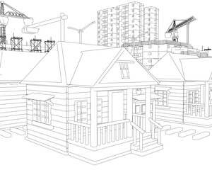 Poster - A drawing of a house with a construction site in the background. The house is small and has a porch. Scene is of a busy city with ongoing construction