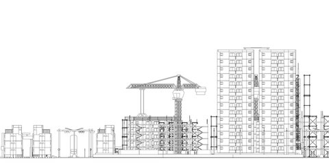 Poster - A city skyline with a large building in the middle. The building is being constructed and has a crane on top
