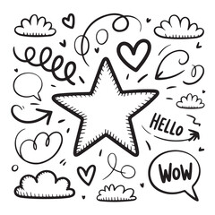 Poster - Line kid pencil color brush hand drawn chalk vector element set. Texture brush chalk stroke kid heart, star, arrow element hand drawn sketch scribble.