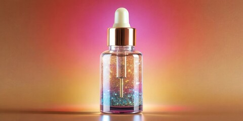 Aufkleber - A glass dropper bottle filled with shimmering golden and blue glitter, illuminated against a soft ombre background of pink and orange hues.