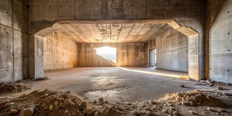Poster - A concrete structure, the rough texture of the walls emphasized by the afternoon light filtering through a large window.