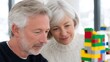 © t.sableaux - Couple focuses intently on building a colorful toy blocks structure together in their spacious apartment, kidults concept