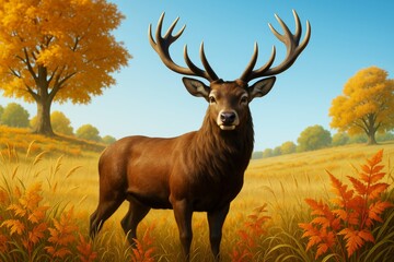 Poster - Majestic deer standing in golden autumn field with orange trees under clear blue sky, illuminated by soft natural light. Ai generative.