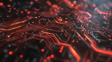 Poster - abstract close up view of glowing red electronic circuit board with intricate patterns and component