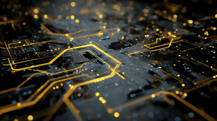 Poster - Complex interconnected network of golden illuminated circuit pathways conveying digital information