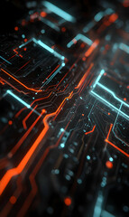 Poster - Futuristic technology circuit board glowing with vibrant colors highlighting advanced connectivity and digital data flow