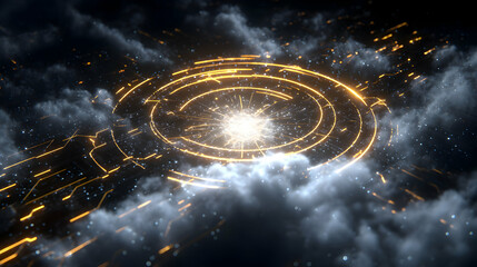 Poster - Futuristic technology interface with bright neon circles and circuitry amidst swirling clouds background