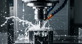 Metal Milling with Coolant Water Spraying Manufacturing Process Close Up