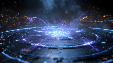 Poster - futuristic energy platform with bright glowing center and emanating purple light streams backdrop