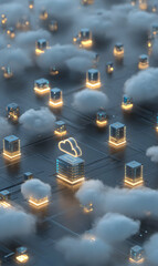 Poster - Digital cityscape of data servers in the clouds representing information transfer and storage network system technology