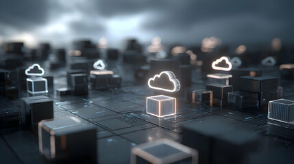 Poster - Abstract technological landscape showcasing cloud computing and data storage with a futuristic aesthetic network