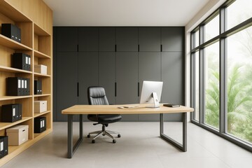Aufkleber - Modern executive office interior with minimalist desk, black chair, cabinets, natural light and greenery outside window. Ai generative.