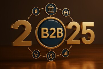 Aufkleber - B2B 2025 business concept with golden 3D elements and strategy icons on wooden surface and dark background for future planning visualization.