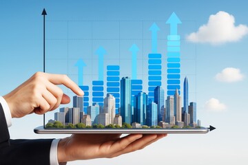 Poster - Businessman holding tablet with virtual city and growth chart bars symbolizing business success and urban economic expansion on blue background.