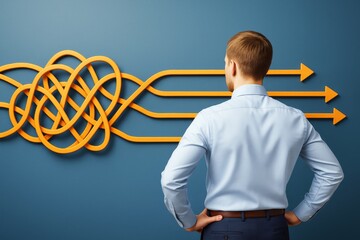 Poster - Businessman analyzing chaos turning into clear direction symbolized by tangled to straight arrows on blue background wall. Ai generative.