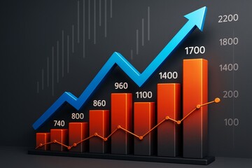 Poster - Business growth bar chart with rising trend arrow and light effects on dark background showcasing financial success and creative data visualization.