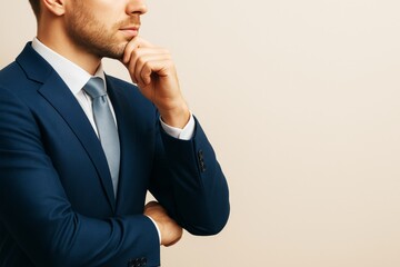Poster - Businessman in blue suit thinking with hand on chin against light background. Concept of decision making and planning in business environment.