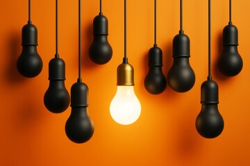 Poster - One glowing light bulb among many dark bulbs hanging against bright orange background symbolizing innovation and leadership in business concept.
