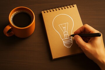 Poster - Creative sketch of light bulb idea on notepad beside coffee cup on wooden background symbolizing inspiration and business innovation concept.