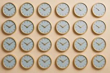 Poster - Multiple identical wall clocks arranged in grid pattern on soft beige background expressing concept of time and routine in business environment.