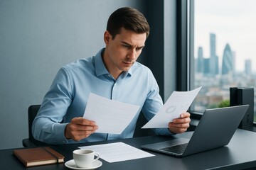 Poster - Focused businessman analyzing financial documents at modern office desk with city skyline background and natural light through large windows.
