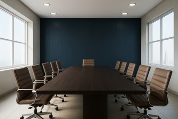 Poster - Modern business meeting room with leather chairs and wooden table in office interior with large windows and dark blue background wall.
