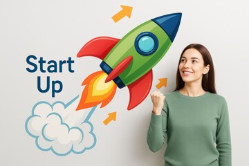 Poster - Woman celebrating startup success with colorful rocket illustration symbolizing business launch concept on light background wall. Ai generative.