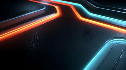 Poster - A futuristic background showing a dark surface accentuated with vibrant glowing neon lights creating depth