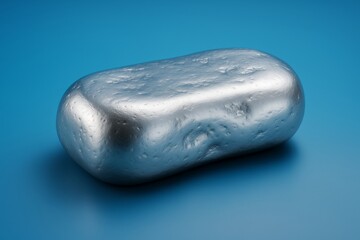 Aufkleber - Shiny metallic ingot with rounded edges and textured surface on blue background, symbolizing precious metals and futuristic business concepts.