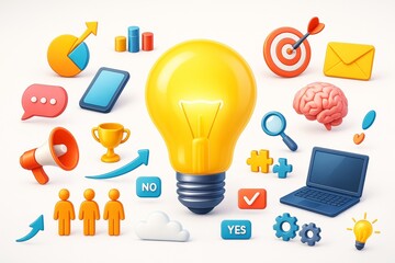 Poster - Bright yellow light bulb surrounded by colorful business icons including target, brain, puzzle, gear, and laptop on a white background.