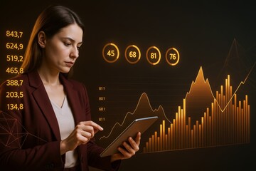 Poster - Businesswoman analyzing digital financial statistics on tablet with glowing abstract charts and data on dark background. Ai generative.