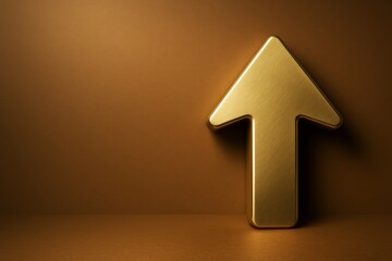 Poster - Golden metallic upward arrow symbol with soft light on warm brown background, representing success and progress in business abstract concept.