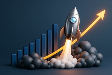 Poster - Rocket launching with glowing trail over bar chart, symbolizing business growth and innovation on dark background with futuristic light concept.