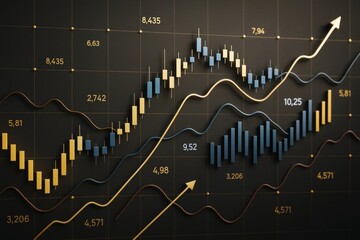 Poster - Abstract business chart showing fluctuating bar and line graphs with numerical data trends on dark background in light gold and blue color scheme.