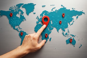 Aufkleber - Hand pointing at red location pin on digital world map with connected network points on metal background for business global strategy concept.