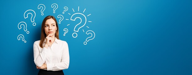 Poster - Thoughtful businesswoman looking up with question marks on a blue background representing confusion or decision-making concept in business.