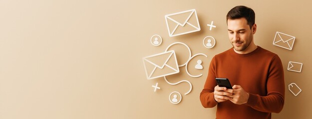 Poster - Smiling man using smartphone with digital email icons on light brown background for communication, marketing, or business promotion concept.