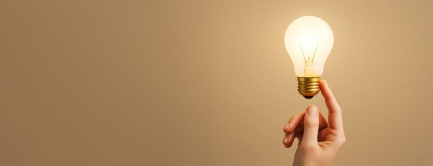 Poster - Hand holding glowing light bulb on beige background with copyspace, symbolizing creativity, innovation, and idea for business or promotion template.