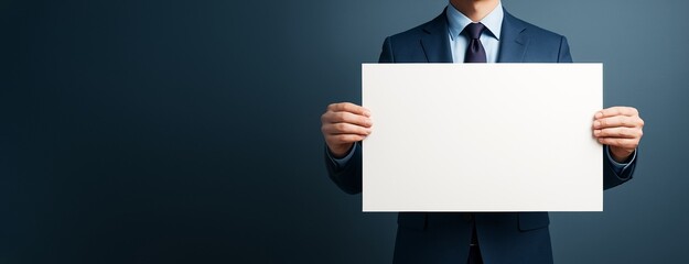 Poster - Businessman in formal suit holding blank white signboard against dark background with copy space, clean concept for business mockup or promotion.
