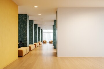 Poster - Modern business interior hallway with clean blank wall for advertising or branding concept, featuring light wood floor and elegant seating design.