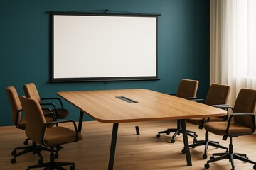 Poster - Empty modern meeting room with wooden table, office chairs, and blank projection screen on dark teal wall background for business presentations.