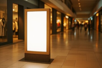 Poster - Blank lighted advertising board mockup with wooden frame in shopping mall corridor with blurred background for promotional or branding design template.