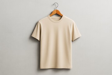Poster - Beige t-shirt on hanger displayed against light grey wall background in clean minimalistic setting for branding or promotional design mockup template.
