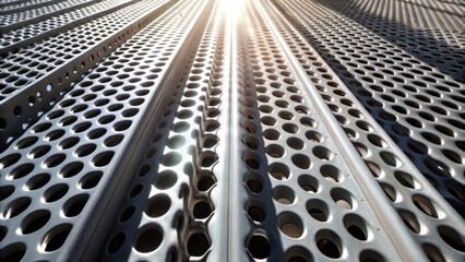 Poster - A textured metal surface with evenly spaced circular holes casts a repeating pattern of shadows as the sunlight shines through the openings.