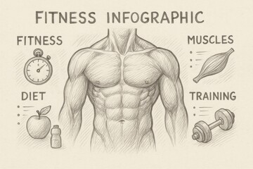 Poster - Detailed Fitness Infographic Showcasing Muscle Anatomy, Training Tips, Diet Recommendations, and Exercise Time Management for Optimal Health