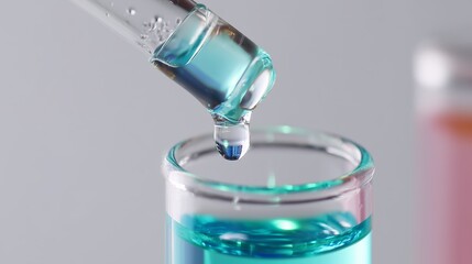 Poster - close-up of a pipette releasing a blue liquid into a glass test tube in a laboratory setting